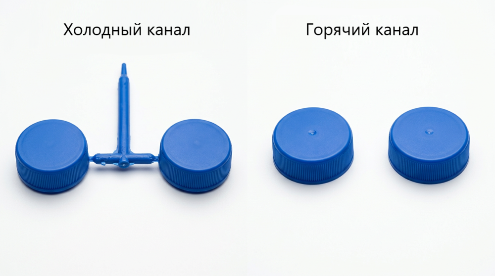 Крышки от пластиковых бутылок: слева на литниковом дереве, справа без литника, след ворот горячего канала по центру крышки